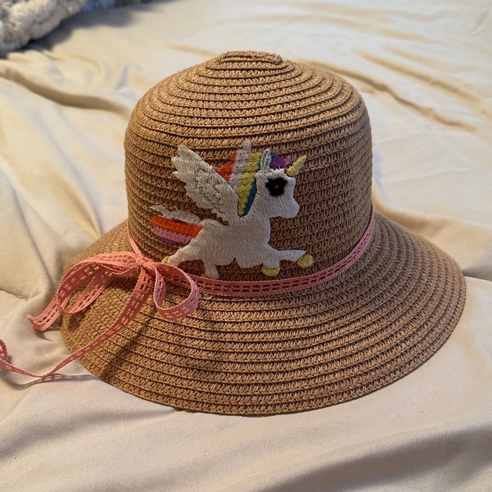 Tan Straw Hat with Unicorn Patch